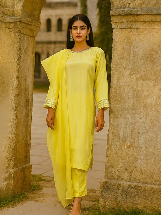 Butter Yellow Tussel silk 3 piece